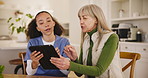 Results, tablet or caregiver consulting a mature woman for advice, health checkup or history in retirement. Nurse talking, medical doctor or senior patient in physiotherapy rehabilitation for help 