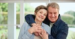 Love, hug and happy old couple in home with trust, support and smile with care, kindness or respect. Loyalty, commitment and marriage in retirement, senior man and elderly woman in apartment together