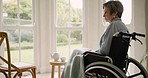 Wheelchair, thinking and senior woman in nursing home by window, depression and mental health. Sad, elderly person with a disability and lonely in retirement house with idea, remember memory or dream