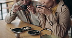 Couple, coffee and happy with conversation at cafe, restaurant or diner for bond, care or love. Black people, man and woman with tea on a weekend for break, communication and talking for quality time