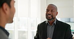 Business men, discussion and handshake for collaboration and communication, networking in meeting for feedback. Welcome, introduction and team in office, corporate partnership in conversation for b2b
