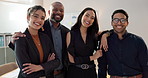 Face, business collaboration or employee diversity in workplace for teamwork or global startup. Team building, portrait or international workforce with support and solidarity in office with happiness