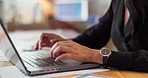 Hands of woman in office, typing on laptop and planning online research for project at digital agency. Internet, web and networking, businesswoman with article and computer for email administration.