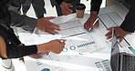 Business hands, documents and collaboration with data analysis, planning and teamwork for stats or marketing strategy. Group of people with paperwork, infographics and meeting ideas or brainstorming