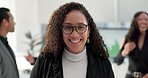 Face, business and woman with glasses, professional and lawyer in a meeting, corporate and employee. Portrait, person and worker in a workplace, smile and advocate with teamwork, law firm or ambition