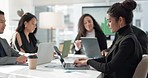 Business people, meeting and cooperation with planning, laptop and partnership with finance report, internet and investment. Staff, negotiation and group with a pc, budget and economy with teamwork