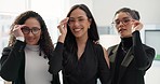 Women, glasses and professional face of happy people smile for corporate collaboration, support or staff empowerment. Vision lens frame, optical eyeglasses or portrait team pride, trust or solidarity