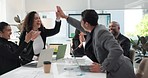 Business people, high five and meeting success, celebration and achievement of sales news, target or goals. Happy group applause, support and excited for bonus, winning or results on computer screen