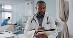 Internet, black man and doctor with a tablet, career or connection with online results, research or email. African person, worker or medical professional with tech, healthcare or career with website