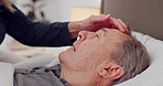 Sick, old man and face in bed with care, love and hand of kindness or support in home, bedroom or hospital. Elderly,  couple and caregiver stroke head of person with dementia in clinic or hospice