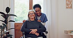 Face, elderly and woman with nurse for healthcare, support and medical care at nursing home in wheelchair. Senior, person and caregiver or professional with portrait for retirement and service smile