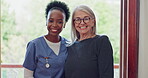 Face, senior and woman with nurse for healthcare, support and medical care at nursing home with happiness. Elderly, person and caregiver or professional with portrait for retirement and service smile