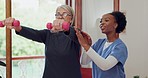 Nurse, senior woman and stretching with dumbbells, wellness and physio with recovery, help and exercise. African person, professional and elderly lady with employee, patient and support with healing