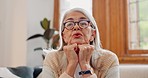 Breathe, calm and senior woman on sofa in the living room for peaceful meditation exercise. Relax, health and portrait of elderly female person in retirement breathing in the lounge of modern home.