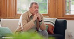 Home, thinking and senior man with anxiety, sad or retirement with depression, mental health or dementia. Mature person, elderly guy or pensioner with walking stick, alzheimer or remember in a lounge