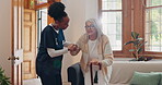 Old woman, walking stick or caregiver in nursing home to help in retirement for medical support. Parkinson, disabled or nurse holding hands of an elderly person in physical therapy rehabilitation