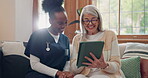 Senior, woman and caregiver with tablet for consulting, medical information and health communication on sofa. Elderly, professional and nurse with touchscreen for online report, advisory and results