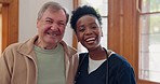 Face, hug and senior man with nurse, home and healthcare with happiness, support and medicare. Portrait, African person and elderly guy embrace, apartment or bonding with help, cheerful and caregiver