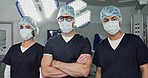 Surgeon team, doctor and people in portrait, healthcare and confidence in operation theater for medical procedure. Surgery, health professional and help in hospital, expert in mask and collaboration