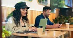 Laptop, coffee shop people and woman typing research project, restaurant report or cafeteria website info. Customer, remote work and freelance person working on small business, diner or cafe article