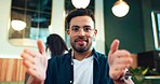 Online meeting, man in coffee shop with earphones and video call, networking and pitch for remote work. Virtual chat, webinar and discussion, happy freelance worker in cafe with business proposal.