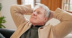 Relax, calm and senior man on sofa in the living room thinking for reflection or memory. Happy, smile and elderly male person in retirement resting and brainstorming in the lounge of his modern home.