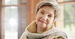 Happy, home and portrait of senior woman relax in a living room confident and on retirement break for comfort. Lounge, house and elderly person calm, smile and elegant in a house on weekend holiday