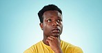 Thinking, doubt and black man with solution, confused and questions with a choice on a blue studio background. African person, planning and model with brainstorming, why and mockup space with stress
