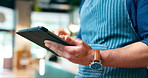 Barista, hands and tablet for cafe or restaurant marketing, online management and customer service reviews. Small business owner, waiter or person typing on digital technology for coffee shop data