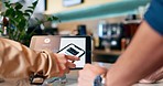 Business, sale and hands with phone for pos, payment or customer with cashier at counter in cafe or coffee shop. Fintech, tablet and people pay online with cellphone and success in transaction