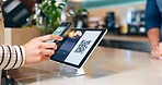 Business, sale and hands with phone for pos, payment or customer with qr code at counter in cafe or coffee shop. Fintech, tablet and people pay online with cellphone and success in b2c transaction