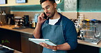 Man, phone call and tablet for cafe communication, online management or customer service in restaurant. Small business owner, waiter or barista on mobile and digital inventory for coffee shop startup