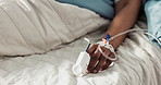 Iv drip, emergency and hand of patient in a hospital after surgery, treatment and operation in a clinic sleeping. Closeup, healthcare and person in medical ER for recovery, life support and medicine