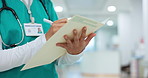 Nurse, writing and hands on folder in hospital or document for insurance, healthcare and report with patient information. Paperwork, checklist or doctor with medical notes in file and chart in clinic