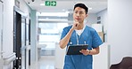 Doctor, thinking and writing in documents, medical checklist or charts for hospital management or solution. Professional healthcare worker or asian nurse with paperwork, planning and clinic clipboard