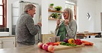 Bonding, senior couple and cooking singing in kitchen together for a playful morning. Smile, fun and elderly man and woman with love, dance and music while preparation for dinner, lunch or breakfast