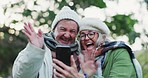 Video call, phone and senior couple in nature for online conversation, wave hello and talking outdoors. Retirement, park and happy man and woman on smartphone for communication, contact and speaking