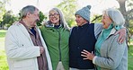 Nature hug, talking and senior happy friends bonding, support and community discussion on retirement wellness. Green park, solidarity and elderly group smile, embrace and together for morning freedom