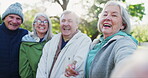 Nature selfie, face or elderly happy friends bond together, care and memory photo of old woman, mature man or club. Natural morning freedom, park portrait or senior group for outdoor profile picture