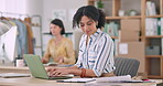 Fashion designer, computer and typing in office e commerce, stock price or product update for online shop. Woman or small business owner planning on computer and documents, invoice or order checklist