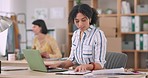 Fashion designer, laptop and planning in office e commerce, stock price or product update for online shop. Woman or small business owner typing on computer with documents, invoice or order checklist
