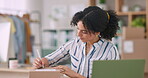 Ecommerce, woman and writing on box for retail, sales orders or stock check in office at workplace. Business, person or working on product or supply chain for shipping, delivery or startup at company