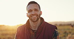 Face, cattle farm and happy man in countryside for agriculture, industry and employee on sunset lens flare outdoor. Portrait, farmer smile and person with cows in nature, owner and worker in Brazil