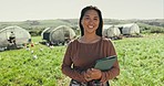 Farmer woman, portrait and tablet for chicken agriculture, poultry or livestock research in Thailand. Happy, technology or protein farm worker in growth quality control, inspection or bird flu check