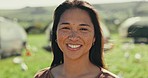 Happy, face and a woman on a farm for agriculture sustainability and chicken growth. Smile, countryside and portrait of a female farmer in nature for animal farming,  agro work and carbon capture