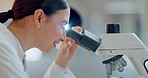 Science, research and woman with microscope, smile and biotech data report in laboratory. Medical innovation, scientist or lab technician in study for healthcare, medicine and vaccine test feedback.