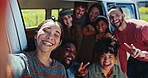 Happy, selfie and face of friends on a road trip with a caravan in nature for outdoor adventure. Excited, smile and portrait of young people taking a picture in countryside for vacation or holiday.