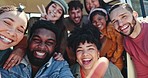 Selfie, happy and face of friends on road trip in a caravan having fun, bonding and laughing together. Smile, diversity and portrait of young people taking picture with positive attitude on adventure