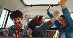 Music, road trip and women friends hug in a van dance, happy or celebrate freedom, travel or journey in backseat. Caravan, adventure and excited ladies laugh and enjoy experience, fun or radio track