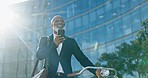 City businessman walking with phone, bicycle and smile, networking, or reading email or social media in morning. Sustainable transport, black man or urban professional with bike, smartphone and laugh